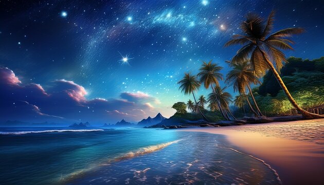 enchanting fantasy landscape depicting a mesmerizing tropical beach scene under a starry night sky