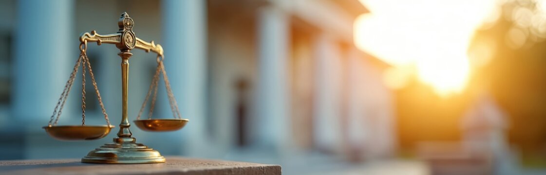 Golden scales of justice sit on a wooden table in front of a blurred courthouse building at sunset. Symbol of law and fair judgment in legal proceedings.