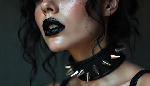Close up of woman with dark hair, black lipstick, and spiked choker necklace. Her style is edgy and alternative, with dramatic makeup and bold accessories. She has a piercing in her ear.