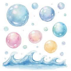 Watercolor bubbles of various colors float above blue ocean waves. Gentle splashes and clear spheres create a playful, light mood. This artwork is perfect for kids.