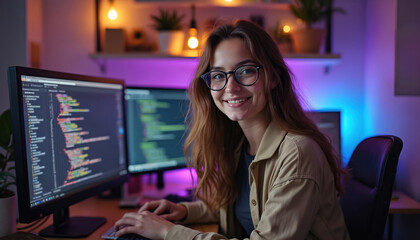 Young woman programmer smiling working on code at desk. Wears glasses, sits in front of multiple computer monitors with colorful text. Room neon purple, blue lighting, creating modern ambiance.