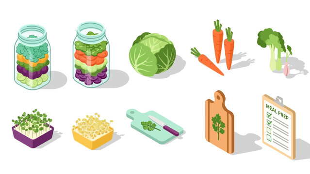 Isometric fresh vegetables and meal prep icons for cooking and nutrition