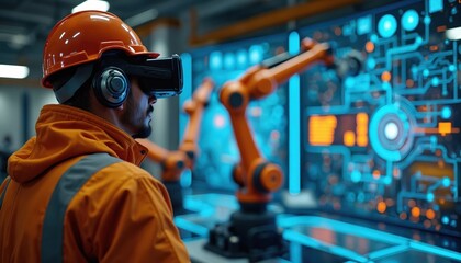 Engineer wears VR headset in factory control room. He works with robotic arms on digital dashboard. Future tech, automation and AI in industry.