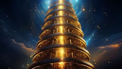 shimmering golden spiral tower with glowing light ascending