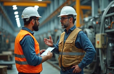 Two male engineers in hard hats and vests discuss project details using a tablet inside a modern factory setting. They are collaborating on production plans with heavy machinery visible in background.