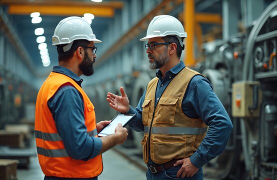 Two male engineers in hard hats and vests discuss project details using a tablet inside a modern factory setting. They are collaborating on production plans with heavy machinery visible in background. - Powered by Adobe