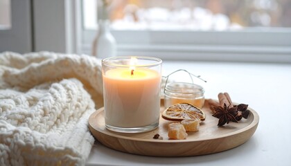 Cozy Winter Still Life with Candle, Blanket, and Spices on a Wooden Tray