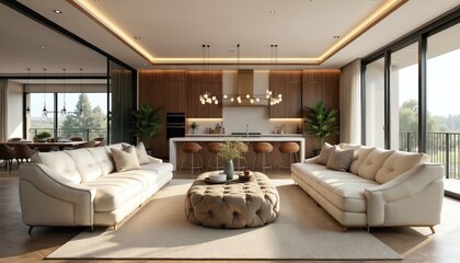 Modern open plan living space with neutral sofas and kitchen island. Large windows offer scenic views of plants. Cozy dining area complements the elegant home interior.