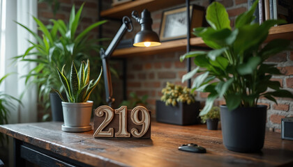 Desk with houseplants number 219 sign and lamp. Natural wood table setting with green foliage in pots near brick wall. Interior design element for home or office.