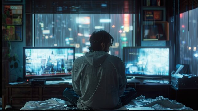 A shot of a lonely man sitting cross-legged on a bed, facing a wall of multiple glowing computer monitors, looking out a window at a rainy cyberpunk city at night, neon lights reflecting on the glass,
