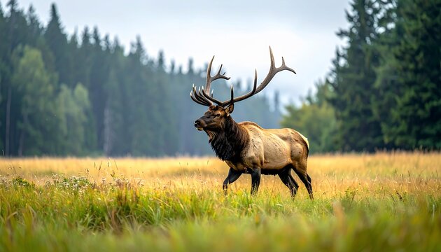 Majestic elk with large antlers strides through a grassy meadow; forest background