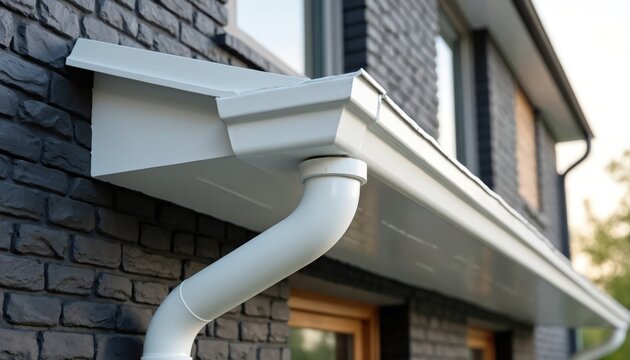 White gutter system installed on modern brick house exterior. Rain water drainage pipe connects to house roof edge. Building facade protection against storms.