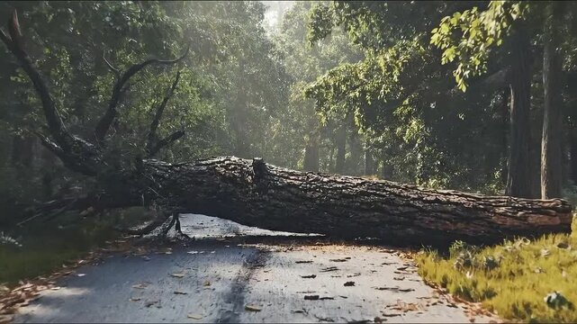 Tree falls across forest road after stormy weather conditions