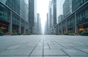 Fototapeta premium Empty pedestrian area between modern skyscrapers in a big city center. Tall glass buildings line a wide, paved walkway. The urban landscape extends into hazy distance.