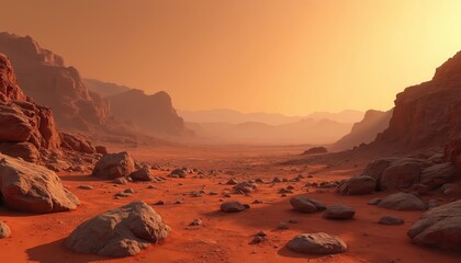 Red desert planet landscape with mountains under orange sky. Rocky ground with stones and dust stretches into distance. Arid terrain appears unexplored, like Mars surface.