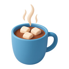 A warm blue mug filled with hot chocolate and marshmallows on transparent background