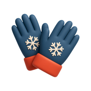 Detailed 3d render of blue winter gloves with snowflake designs on transparent background