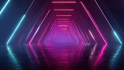 Futuristic neon tunnel with vibrant, colorful lights reflecting off a glossy, wet surface