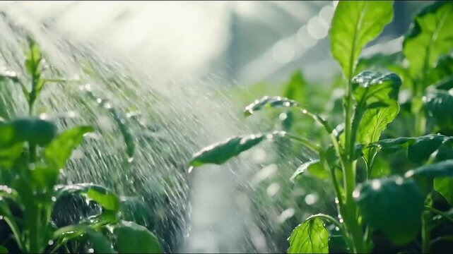Lush green plants being watered in a modern greenhouse setting