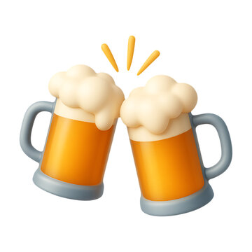 Two frothy beer mugs clinking together in a celebratory toast on transparent background