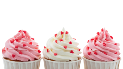 Three cupcakes with pink and white cream topped with heart sprinkles isolated on transparent background, romantic sweet dessert concept for Valentine’s Day, love celebrations, bakery and holiday desig