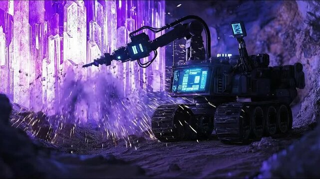 Futuristic robot exploring a mysterious purple-lit cave system