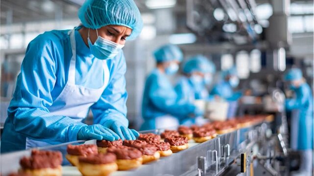 Food Processing Worker Inspecting Meat Patties on Conveyor Belt in Modern Factory Environment from Side View