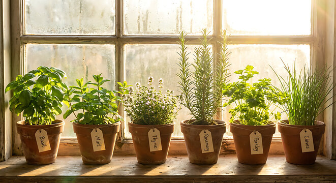 Fresh culinary herbs growing in terracotta pots on sunny windowsill with labels
