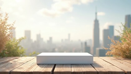 Empty white cube podium on wooden planks with blurred city skyline backdrop. Rich plants and soft light frame outdoor display area. Modern urban product placement, clean background for ads.