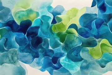 Abstract watercolor of flowing, layered forms in blues, greens, and teals against a neutral backdrop