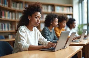 Young multiracial students intently study at laptops in bright library. People focus on screens amidst bookshelves, engage in research and digital learning.