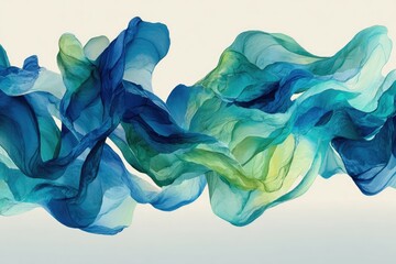 Abstract, flowing ribbons of blue and green hues against a soft, creamy off-white backdrop
