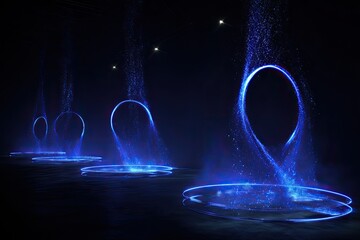A dark, ethereal scene with four glowing blue rings emitting particles on a reflective surface