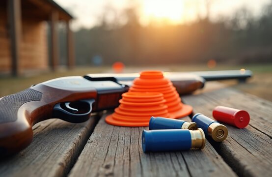 Shotgun and colorful shells sit on a wooden table at a shooting range. Orange clay targets are stacked nearby. The sun sets behind trees creating a warm glow.