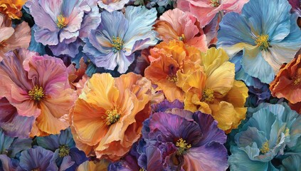A vibrant display of colorful, tightly-packed blooms in various hues from purples to oranges