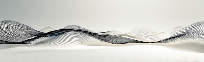 Abstract artwork featuring layered undulating forms in a monochromatic color scheme, evoking landscape