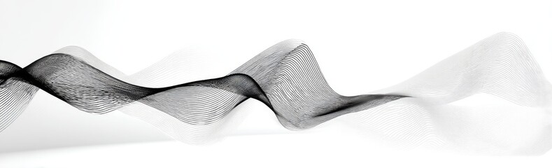 Abstract black and white wavy ribbon-like lines on a plain white background.  Motion/flow effect