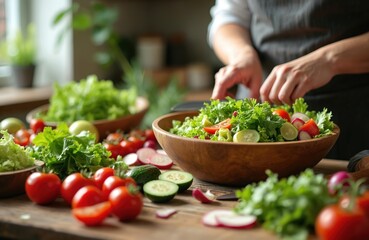 Hands prepare fresh garden salad with tomatoes, cucumbers, and lettuce. Preparing healthy meal with raw vegetables in wooden bowl at kitchen table. Making dinner with natural ingredients.