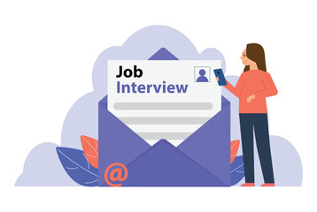 Woman received an job interview invitation by an email, invitation to find the best candidates
