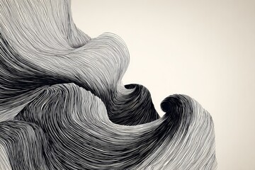 Abstract monochrome artwork depicting fluid, wave-like forms created with intricate, swirling lines