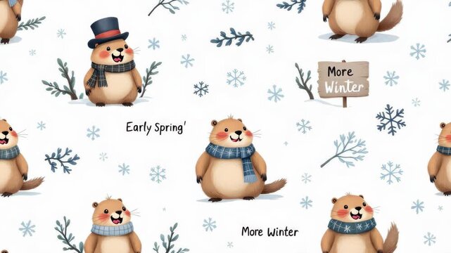 Cute groundhog pattern with snowflakes, wearing scarves and hats, predicting early spring and more winter on groundhog day