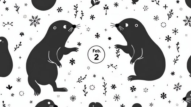 Cute groundhog silhouettes pattern with february 2nd floral elements background for groundhog day concept