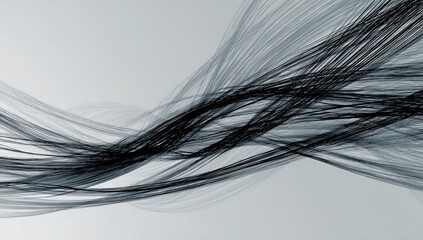 Abstract grayscale artwork with flowing lines across a pale gradient background