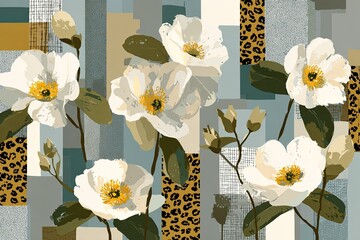 Floral illustration with white blooms against a textured, abstract background