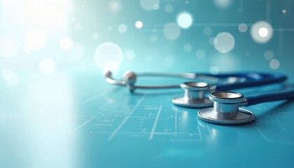 Medical stethoscope on blue digital background with bokeh lights. Represents healthcare, medicine, science and technology. Modern medical equipment for diagnosis.