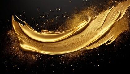 golden paint stroke on black background with scattered golden particles