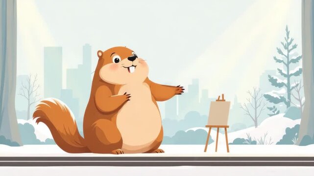 Cheerful groundhog painting on a snowy day with cityscape backdrop, symbolizing groundhog day's seasonal forecast concept