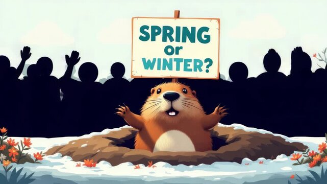 Cute groundhog holding "spring or winter?" sign emerging from snowy burrow on groundhog day, denoting seasonal prediction