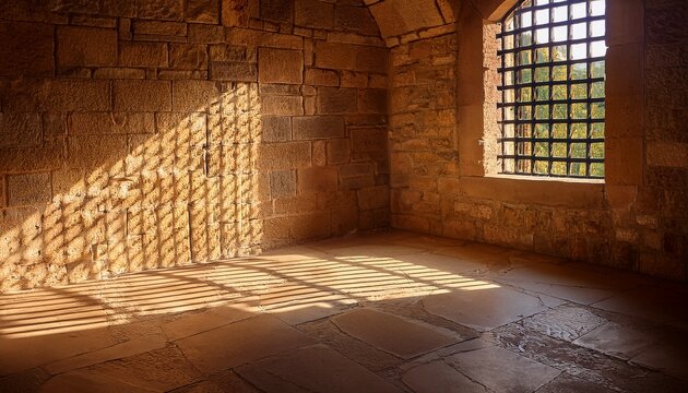 a sunlit corner of a stone structure light streams through small gridded windows casting shadows on the floor and walls warm earthy tones