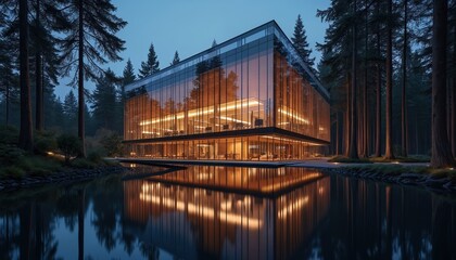 Fototapeta premium Modern glass building reflects in still water at twilight surrounded by tall pine trees. Interior lights illuminate office spaces inside. Calm forest setting with a clean, sleek facade.